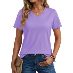 image:imageMAGCOMSEN Womens Cotton T Shirt VNeck Short Sleeve Shirt ClassicFit Casual Breathable Tee Summer Basic TopsLight Purple