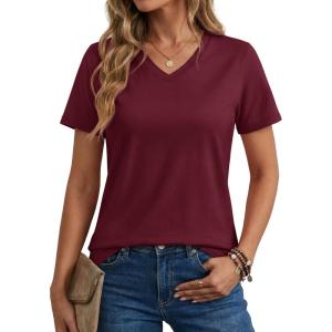 image:imageMAGCOMSEN Womens Cotton T Shirt VNeck Short Sleeve Shirt ClassicFit Casual Breathable Tee Summer Basic TopsWine Red