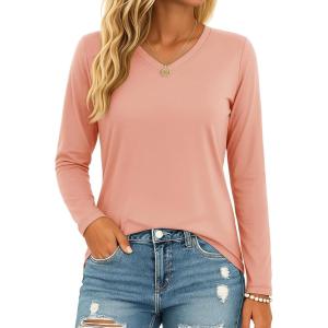 image:imageMAGCOMSEN Womens Long Sleeve Shirts V Neck Cotton Basic Tee Soft Breathable Casual Tops CassicFit TShirtApricot