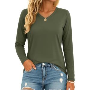 image:imageMAGCOMSEN Womens Long Sleeve Shirts V Neck Cotton Basic Tee Soft Breathable Casual Tops CassicFit TShirtArmy Green