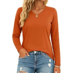 image:imageMAGCOMSEN Womens Long Sleeve Shirts V Neck Cotton Basic Tee Soft Breathable Casual Tops CassicFit TShirtDark Orange