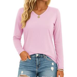 image:imageMAGCOMSEN Womens Long Sleeve Shirts V Neck Cotton Basic Tee Soft Breathable Casual Tops CassicFit TShirtLight Pink