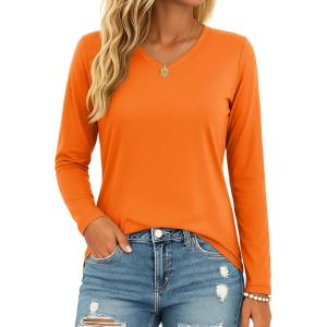 image:imageMAGCOMSEN Womens Long Sleeve Shirts V Neck Cotton Basic Tee Soft Breathable Casual Tops CassicFit TShirtOrange