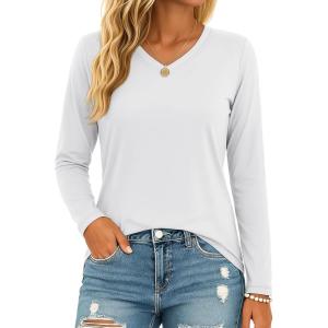 image:imageMAGCOMSEN Womens Long Sleeve Shirts V Neck Cotton Basic Tee Soft Breathable Casual Tops CassicFit TShirtWhite