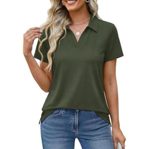 image:imageMAGCOMSEN Womens Polo Shirts Cotton Short Sleeve VNeck Collared Tops Golf Shirt Work Casual Summer TeeArmy Green