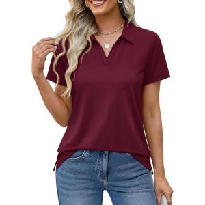 image:imageMAGCOMSEN Womens Polo Shirts Cotton Short Sleeve VNeck Collared Tops Golf Shirt Work Casual Summer TeeBurgundy