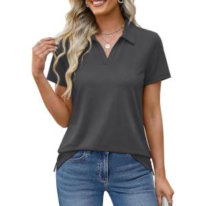 image:imageMAGCOMSEN Womens Polo Shirts Cotton Short Sleeve VNeck Collared Tops Golf Shirt Work Casual Summer TeeDark Gray