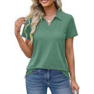 image:imageMAGCOMSEN Womens Polo Shirts Cotton Short Sleeve VNeck Collared Tops Golf Shirt Work Casual Summer TeeFerngreen