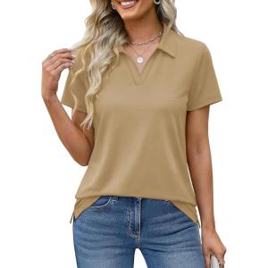 image:imageMAGCOMSEN Womens Polo Shirts Cotton Short Sleeve VNeck Collared Tops Golf Shirt Work Casual Summer TeeKhaki