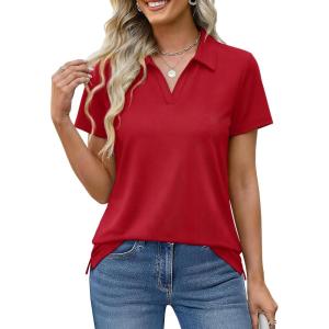 image:imageMAGCOMSEN Womens Polo Shirts Cotton Short Sleeve VNeck Collared Tops Golf Shirt Work Casual Summer TeeTomato Red