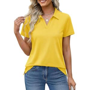 image:imageMAGCOMSEN Womens Polo Shirts Cotton Short Sleeve VNeck Collared Tops Golf Shirt Work Casual Summer TeeYellow