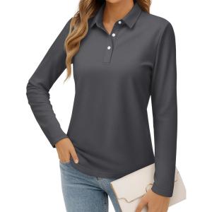 image:imageMAGCOMSEN Womens Polo Shirts Long Sleeve Cotton Collared T Shirt Golf Shirt Business Casual Tee Uniform Tops 3ButtonDark Gray