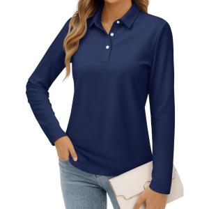 image:imageMAGCOMSEN Womens Polo Shirts Long Sleeve Cotton Collared T Shirt Golf Shirt Business Casual Tee Uniform Tops 3ButtonNavy Blue