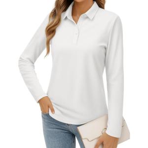 image:imageMAGCOMSEN Womens Polo Shirts Long Sleeve Cotton Collared T Shirt Golf Shirt Business Casual Tee Uniform Tops 3ButtonWhite