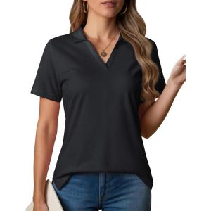 image:imageMAGCOMSEN Womens Polo Shirts VNeck Short Sleeve UPF 50 Sun Protection Collared Golf Shirt Work Summer TopsAblack
