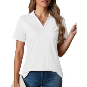 image:imageMAGCOMSEN Womens Polo Shirts VNeck Short Sleeve UPF 50 Sun Protection Collared Golf Shirt Work Summer TopsAwhite