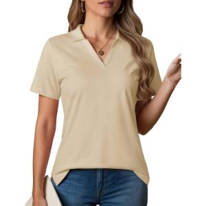 image:imageMAGCOMSEN Womens Polo Shirts VNeck Short Sleeve UPF 50 Sun Protection Collared Golf Shirt Work Summer TopsLtkhaki