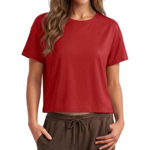image:imageMAGCOMSEN Workout Crop Tops for Women Short Sleeve Cotton Athletic Yoga Top Loose Casual Crewneck Cropped T ShirtsTruered