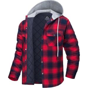 image:imageMAGCOMSEN Mens Quilted Lined Flannel Hoodie Jacket Cotton Button Down Shirt Jacket Long Sleeve Plaid Shirt ShacketNavy red