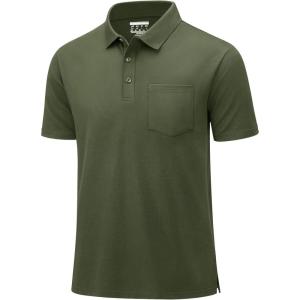 image:imageMAGCOMSEN Mens Polo Shirts with Pocket Cotton Pique Short Sleeve Collared Shirt Moisture Wicking Golf Shirts 3Button ShirtsArmy Green