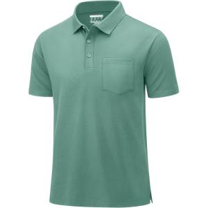 image:imageMAGCOMSEN Mens Polo Shirts with Pocket Cotton Pique Short Sleeve Collared Shirt Moisture Wicking Golf Shirts 3Button ShirtsAzure
