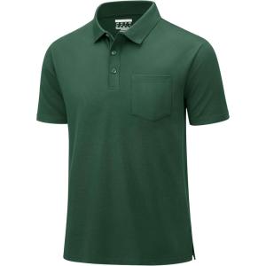 image:imageMAGCOMSEN Mens Polo Shirts with Pocket Cotton Pique Short Sleeve Collared Shirt Moisture Wicking Golf Shirts 3Button ShirtsDark Green