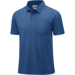 image:imageMAGCOMSEN Mens Polo Shirts with Pocket Cotton Pique Short Sleeve Collared Shirt Moisture Wicking Golf Shirts 3Button ShirtsGrey Blue