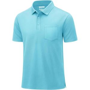 image:imageMAGCOMSEN Mens Polo Shirts with Pocket Cotton Pique Short Sleeve Collared Shirt Moisture Wicking Golf Shirts 3Button ShirtsSky Blue