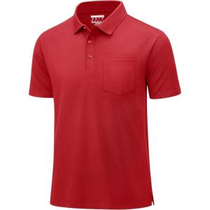 image:imageMAGCOMSEN Mens Polo Shirts with Pocket Cotton Pique Short Sleeve Collared Shirt Moisture Wicking Golf Shirts 3Button ShirtsTomato Red