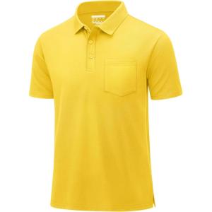 image:imageMAGCOMSEN Mens Polo Shirts with Pocket Cotton Pique Short Sleeve Collared Shirt Moisture Wicking Golf Shirts 3Button ShirtsYellow