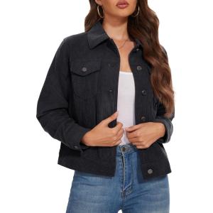 image:imageMAGCOMSEN Womens Corduroy Jacket Fashion Cropped Jackets Button Down Shacket Long Sleeve Outerwear with Flap PocketsBlack