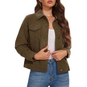 image:imageMAGCOMSEN Womens Corduroy Jacket Fashion Cropped Jackets Button Down Shacket Long Sleeve Outerwear with Flap PocketsCoffee