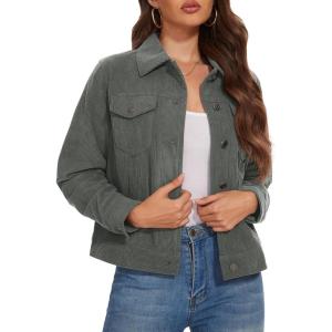 image:imageMAGCOMSEN Womens Corduroy Jacket Fashion Cropped Jackets Button Down Shacket Long Sleeve Outerwear with Flap PocketsDark Grey