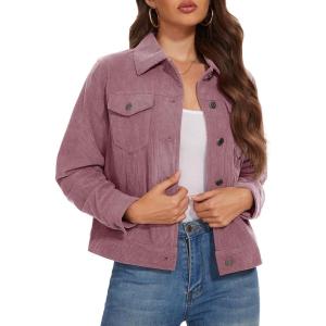 image:imageMAGCOMSEN Womens Corduroy Jacket Fashion Cropped Jackets Button Down Shacket Long Sleeve Outerwear with Flap PocketsGrayish Purple