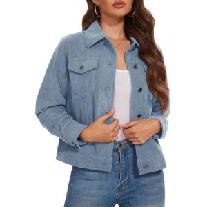 image:imageMAGCOMSEN Womens Corduroy Jacket Fashion Cropped Jackets Button Down Shacket Long Sleeve Outerwear with Flap PocketsLight Blue