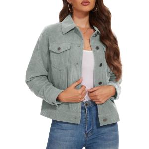 image:imageMAGCOMSEN Womens Corduroy Jacket Fashion Cropped Jackets Button Down Shacket Long Sleeve Outerwear with Flap PocketsLight Grey