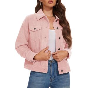image:imageMAGCOMSEN Womens Corduroy Jacket Fashion Cropped Jackets Button Down Shacket Long Sleeve Outerwear with Flap PocketsLight Pink