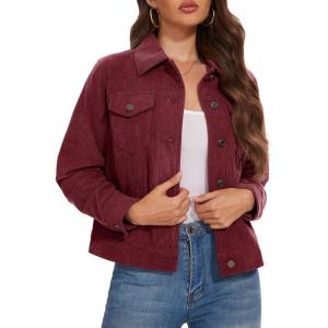 image:imageMAGCOMSEN Womens Corduroy Jacket Fashion Cropped Jackets Button Down Shacket Long Sleeve Outerwear with Flap PocketsWine Red