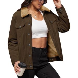 image:imageMAGCOMSEN Womens Corduroy Jacket Sherpa Fleece Lined Warm Winter Coat Button Down Casual Jacket with PocketsCoffee