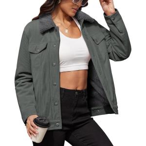 image:imageMAGCOMSEN Womens Corduroy Jacket Sherpa Fleece Lined Warm Winter Coat Button Down Casual Jacket with PocketsDark Grey