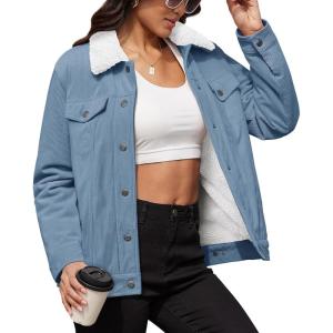 image:imageMAGCOMSEN Womens Corduroy Jacket Sherpa Fleece Lined Warm Winter Coat Button Down Casual Jacket with PocketsLight Blue