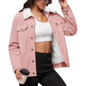 image:imageMAGCOMSEN Womens Corduroy Jacket Sherpa Fleece Lined Warm Winter Coat Button Down Casual Jacket with PocketsLight Pink