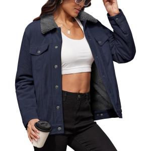 image:imageMAGCOMSEN Womens Corduroy Jacket Sherpa Fleece Lined Warm Winter Coat Button Down Casual Jacket with PocketsNavy