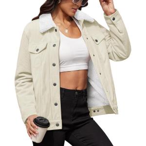 image:imageMAGCOMSEN Womens Corduroy Jacket Sherpa Fleece Lined Warm Winter Coat Button Down Casual Jacket with PocketsWhite