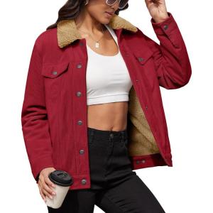 image:imageMAGCOMSEN Womens Corduroy Jacket Sherpa Fleece Lined Warm Winter Coat Button Down Casual Jacket with PocketsWine Red