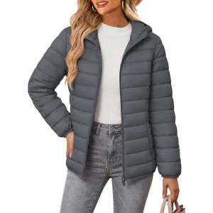 image:imageMAGCOMSEN Womens Hooded Puffer Jacket Lightweight Quilted Padded Coat 4 Pockets Zipup Winter Warm OuterwearAdark Grey