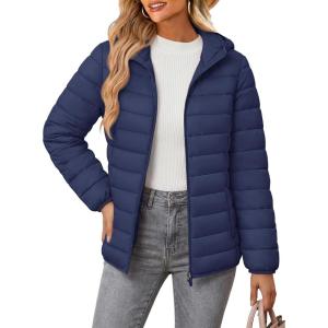 image:imageMAGCOMSEN Womens Hooded Puffer Jacket Lightweight Quilted Padded Coat 4 Pockets Zipup Winter Warm OuterwearAnavy Blue