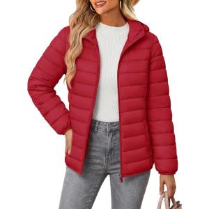 image:imageMAGCOMSEN Womens Hooded Puffer Jacket Lightweight Quilted Padded Coat 4 Pockets Zipup Winter Warm OuterwearAtomato Red