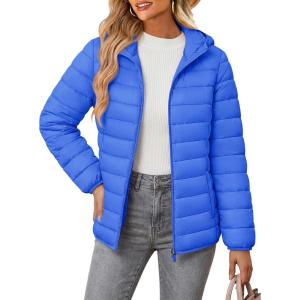 image:imageMAGCOMSEN Womens Hooded Puffer Jacket Lightweight Quilted Padded Coat 4 Pockets Zipup Winter Warm OuterwearAzure Blue