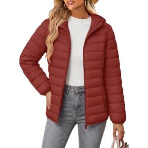 image:imageMAGCOMSEN Womens Hooded Puffer Jacket Lightweight Quilted Padded Coat 4 Pockets Zipup Winter Warm OuterwearDeep Orange